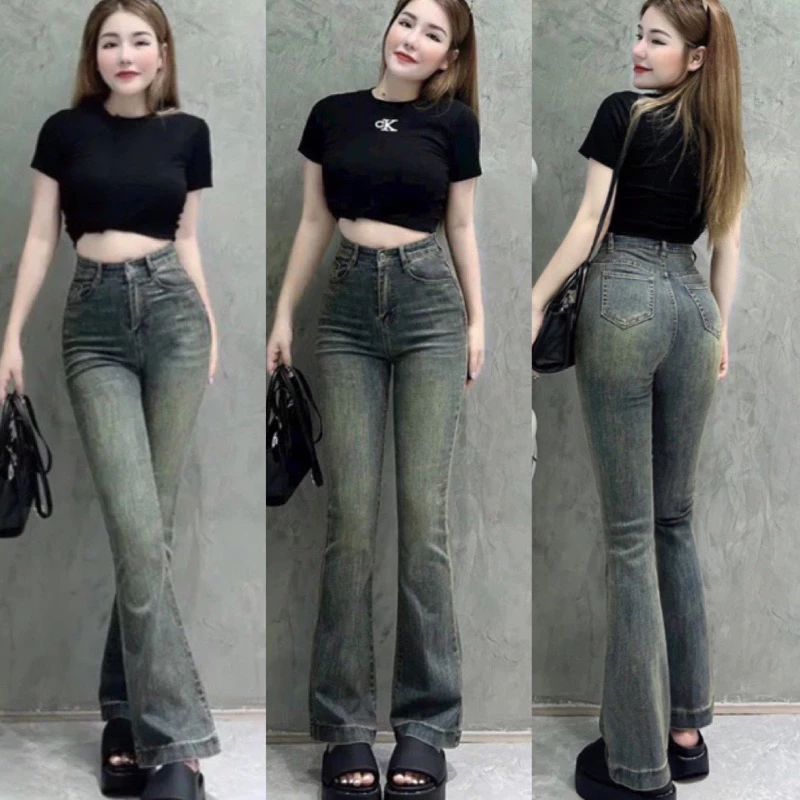 Quần jeans dáng loe gấu to lưng cao co dãn màu mới lạ mắt kiểu dáng Hàn Quốc
