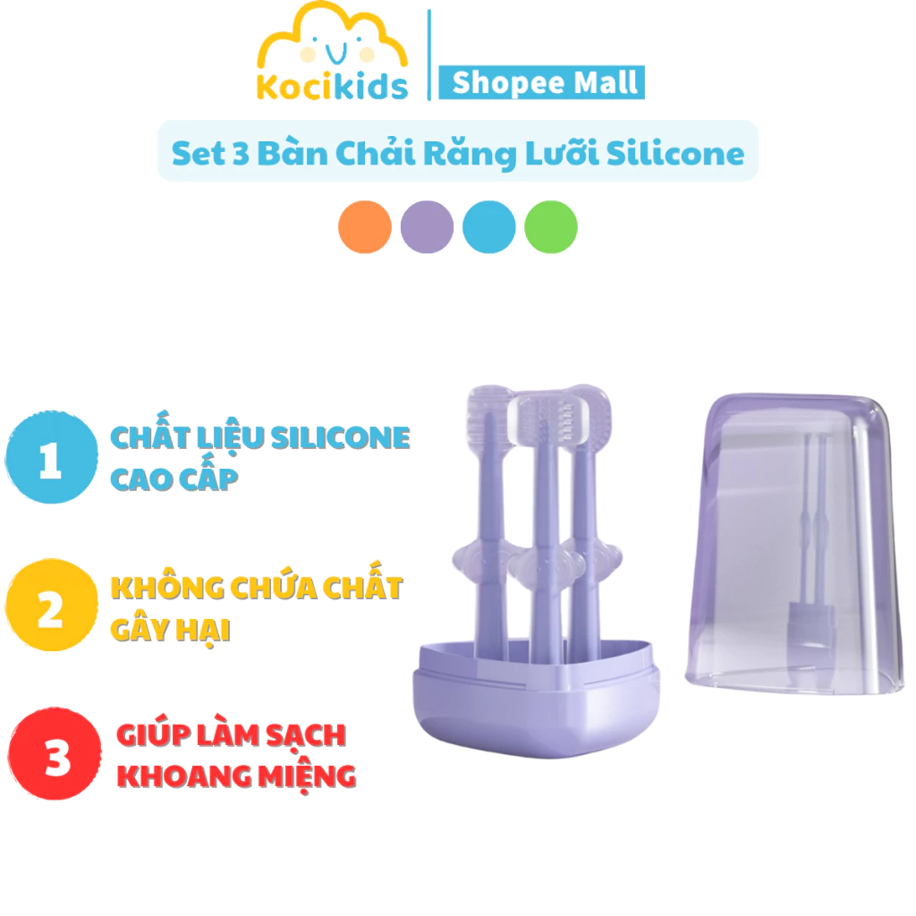 Set 3 Bàn Chải Răng Lưỡi Silicone Phù Hợp 3 Giai Đoạn Phát Triển Răng Nướu - Có Hộp Đựng Đa Năng Cho Bé Từ 0-18m