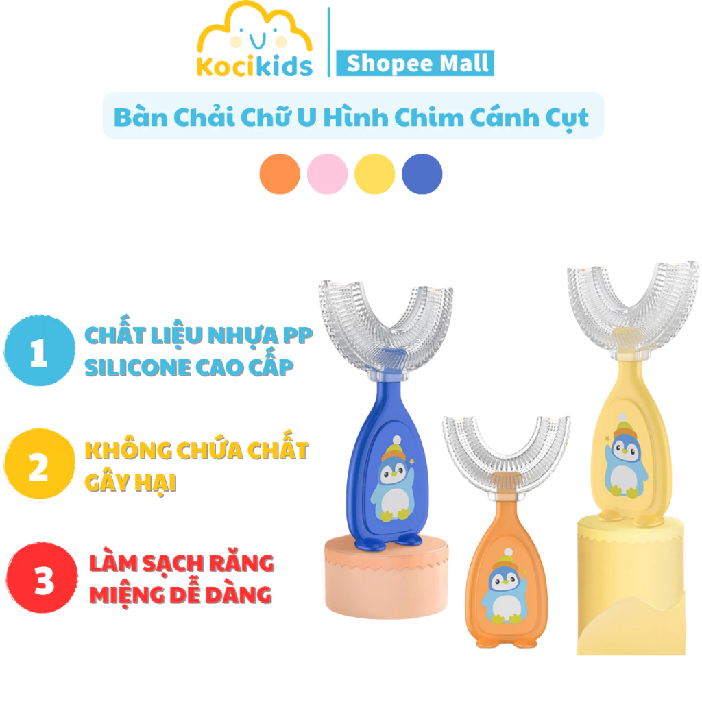 Bàn chải chữ U chim cánh cụt đánh răng cho bé hình làm từ silicon mềm họa tiết (cho bé từ 2 đến 12 tuổi)