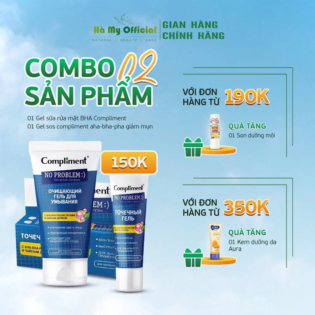 COMBO Sữa rửa mặt Gel Compliment 200ml và Gel AHA - BHA - PHA 25ml sạch sâu phục hồi da giảm viêm & mụn