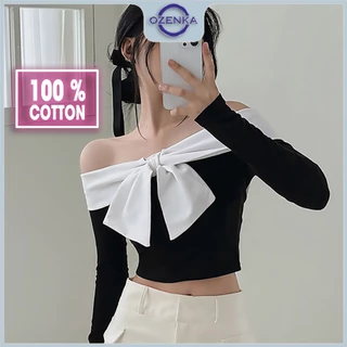 Áo croptop nữ trễ vai tay dài cải nơ gợi cảm đi dự tiệc ozenka , áo crt kiểu điệu đà sang chảnh mặc đi chơi thun cotton