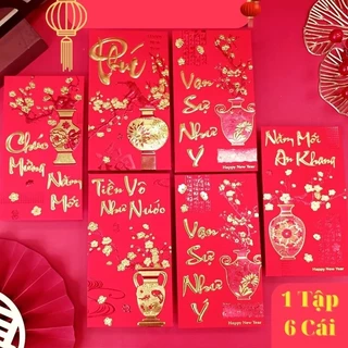 Set 6 phong bao lì xì đỏ nhung ép LOẠI ĐẸP may mắn size to