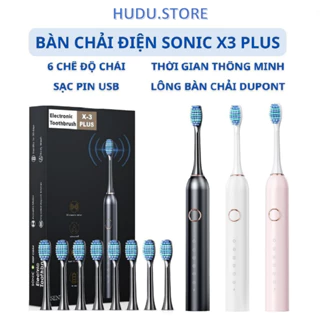 Bàn Chải Điện Sonic X3 PLUS Thông Minh 6 Chế Độ Làm Sạch Tặng Kèm 4 Đầu Thay Thế Lông Mềm Cao Cấp HUDU