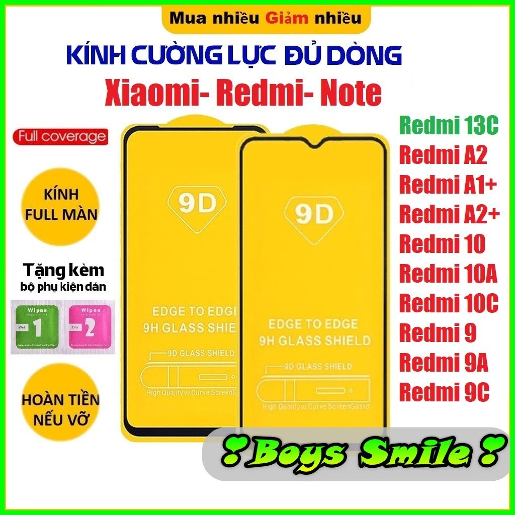 Kính cường lực Full Màn Xiaomi Redmi 13C A1 A1+ A2 A2+ Redmi 10 10C 12C Note 10/10s Note 11 pro Redmi A3 note 13R pro