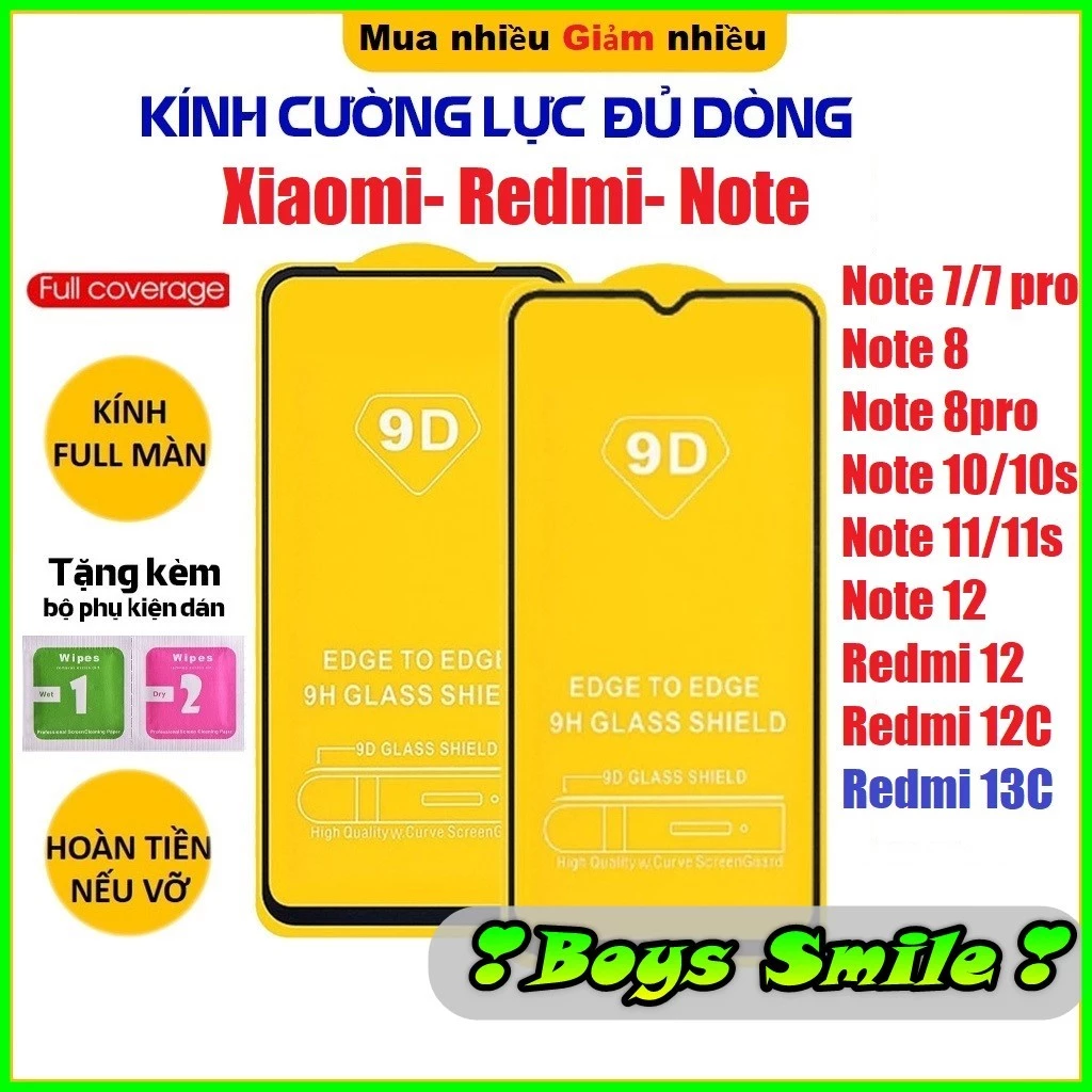 Kính cường lực Full Màn Xiaomi Redmi Note 6 pro Note 7/7 pro Note 8 8 pro Note 9s Note 9 pro Note 10/10s Note 12 pro