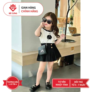 Set Áo Thun Gân Hoa Trà Đen Kèm Chân Váy Đen Cúc Kiểu H1 Dành Cho Bé Gái [Bé Cưng Kids]