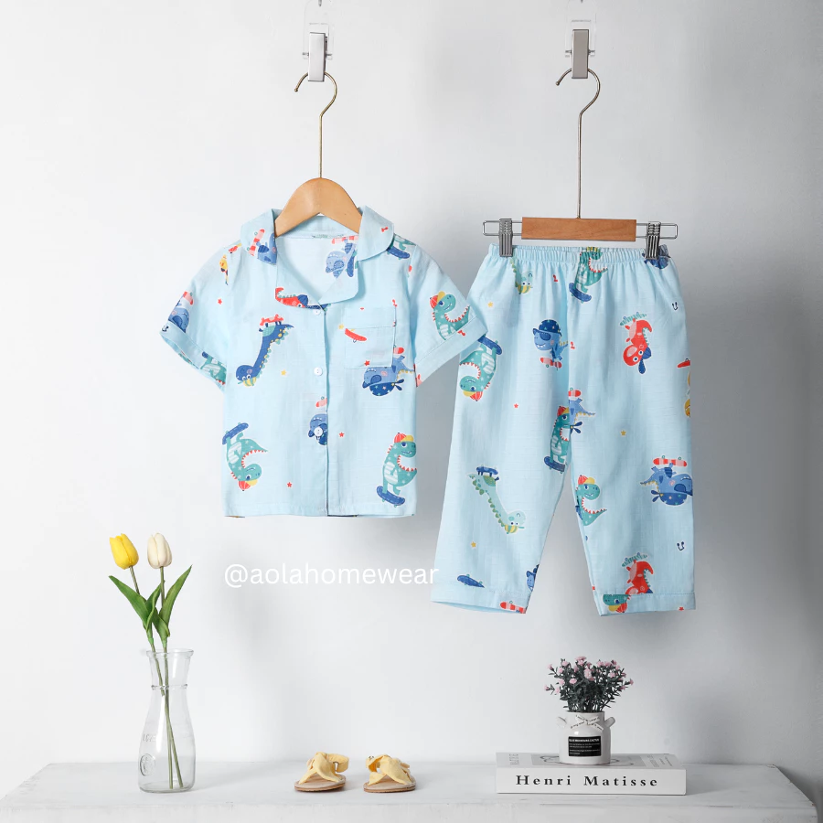 Pijama bé trai tay ngắn quần dài vải xô cotton Áo Lá Homewear A029, bộ ngủ bé trai