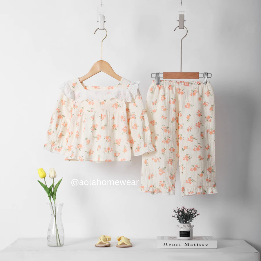 Pijama bé gái xô muslin Áo Lá Homewear A097, bộ ngủ dài tay bé gái babydoll cổ vuông viền ren ngủ điều hòa