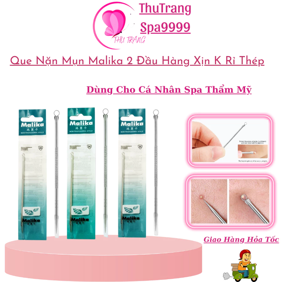 Que Năn Mụn Inox 2 Đầu, Cây Nặn Mụn Malika | Đầu Nhọn Đầu Tròn Dùng Cho Cá Nhân Spa Thẩm Mỹ