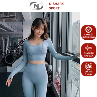 Set đồ nữ tập Gym, Yoga, Aerobic áo cổ vuông dài tay, quần legging dài chất thun lạnh kèm sẵn mút ngực | NShark Sport