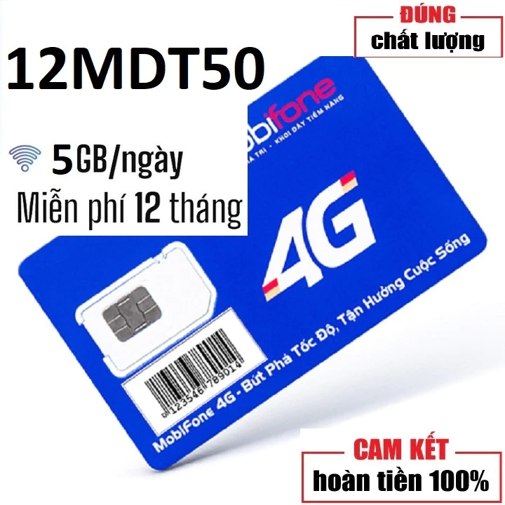 Sim 4G Mobifone 12MDT50 tặng 5Gb/ngày tốc độ cao