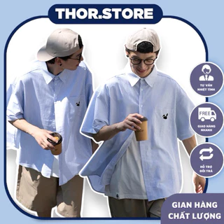 Áo sơmi tay ngắn unisex,thiết kế sọc xanh thêu logo tho