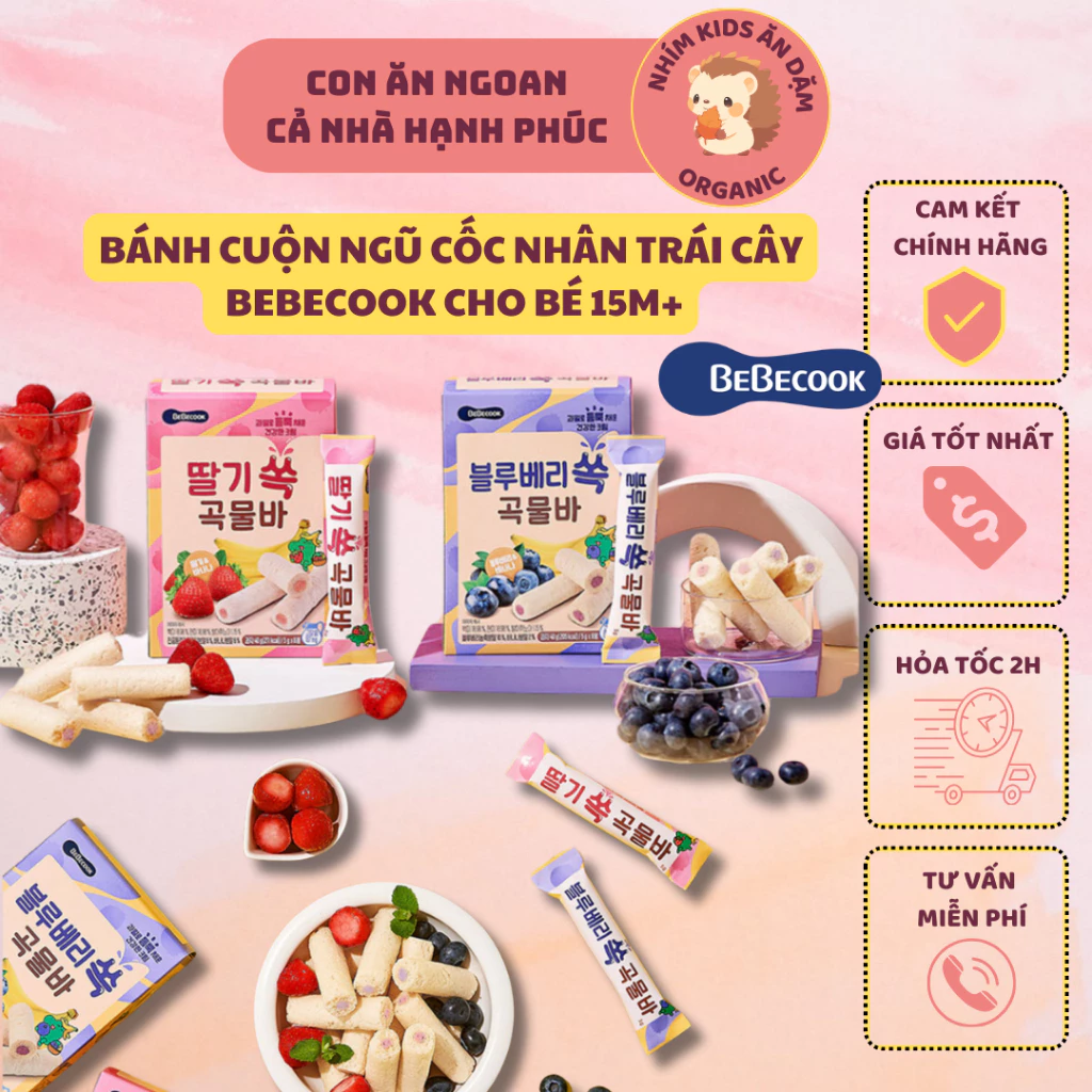 [Date T4/2025] Bánh Cuộn Ngũ Cốc Ăn Dặm BeBecook Vị Trái Cây Hữu Cơ Cho Bé 15M+ Hộp 40gr