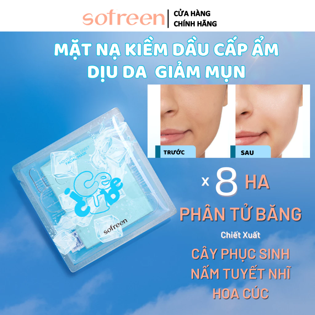 SOFREEN Mặt Nạ Giấy Ice Cube [8X HA +Nấm Tuyết Nhĩ +Hoa Cúc] Cấp Ẩm Phục Hồi Da 25ml | Mask Giấy Cho Da Dầu Mụn