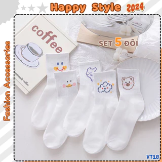 Tất Vớ Cổ Ngắn Sét 5 Đôi Tất Chân Nam Nữ Trắng Họa Tiết Cute Chất Cotton Co Giãn VT18 - Happy Style