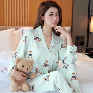 Bộ Đồ Ngủ Pijama Lụa LADY QUEEN Gấu Dễ Thương Màu Xanh Cao Cấp - LB38