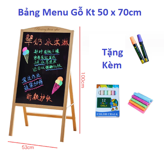 ( Sẵn Hàng ) Bảng menu đen chân gỗ kích thước 50 x 70 - Tặng bút dạ quang + hộp phấn