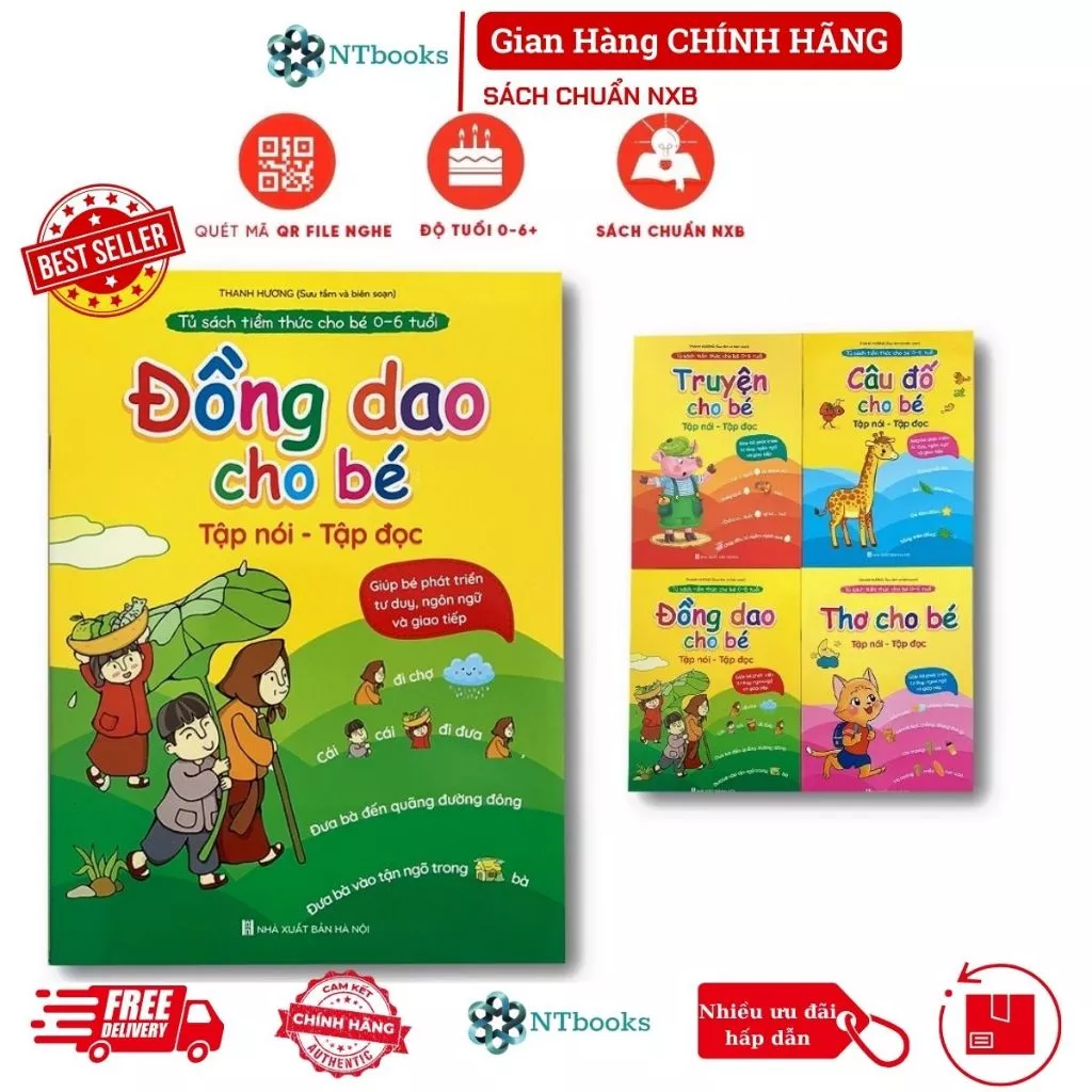 Sách Đồng dao - Thơ - Truyện - Câu đố cho bé tập nói, tập đọc (Bộ 4 quyển) - Kèm file Nghe