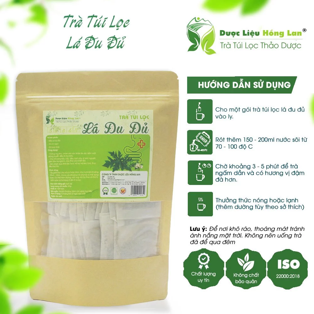 Trà Túi Lọc Lá Đu Đủ túi zip 90g (30gói x 3g) - Dược Liệu Hồng Lan