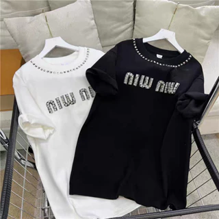 Áo Thun Cổ Đính Đá Nổi Bật chữ Miu Miu Ngực Ấn Tượng 💖 Áo Phông Cotton Dày Dặn Dáng Rộng Nam Nữ NNA0029