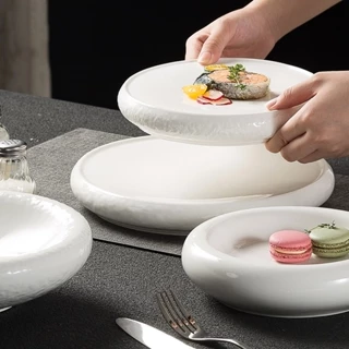 (HOT) Đĩa tròn mặt trống men trắng CHỐNG XƯỚC, tấm phẳng viền vân đá phong cách Bắc Âu - Bát đĩa nhà hàng
