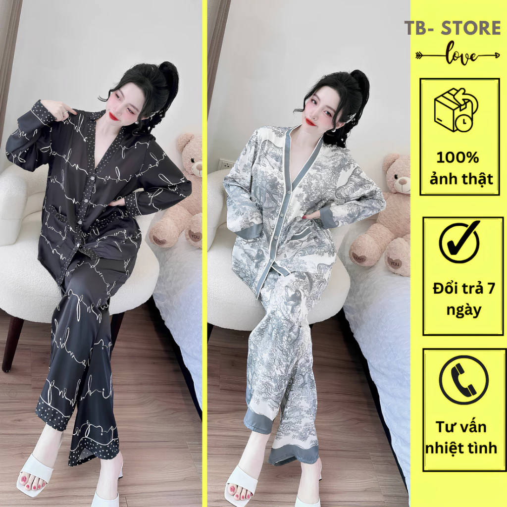 [NEW ]Bộ Pijama nữ mặc nhà tay dài cổ Y 2 túi áo quần Lụa Latin cao cấp from 42 - 70kg đồ ngủ mặc nhà + (quà 0đ)