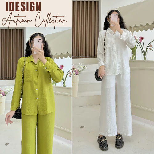 Bộ đũi nữ dài tay, sét đũi nữ áo sơ mi và quần ống suông rộng chất liệu vải đũi mềm mại N33