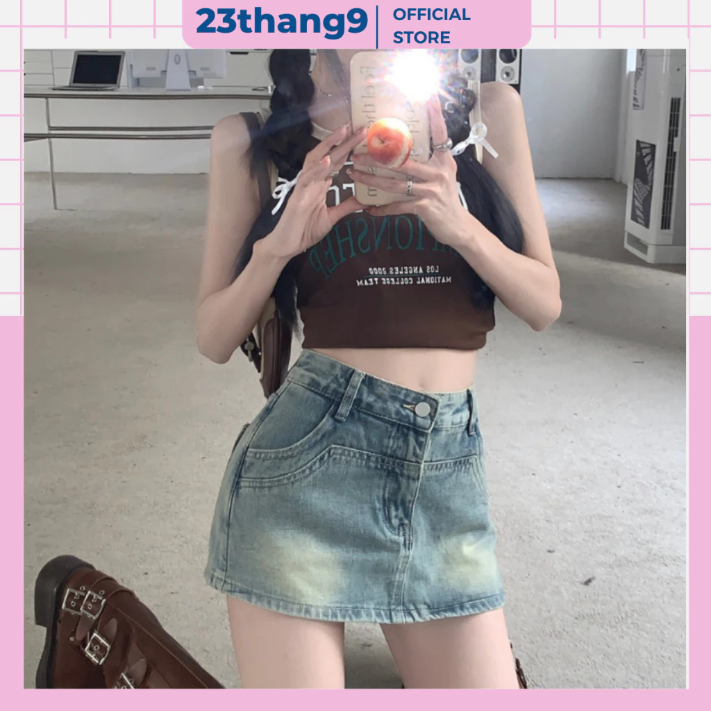 Chân váy jean , Quần giả váy lưng cao màu xanh dáng ngắn ôm túi tròn jeans QCCC mịn kèm quần trong ulzzang 90