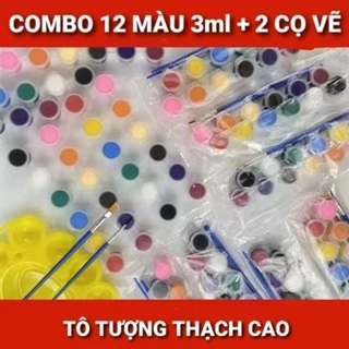 Suri1618 - COMBO 3ml - 12 Màu Sơn Nước + 2 Cọ Sơn bản lớn và nhỏ Tô Tượng Thạch Cao