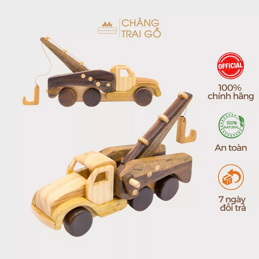 Xe Cẩu Gỗ Tay Quay Gỗ Tự Nhiên, 4 Bánh Xe Di Chuyển, Tay Quay Lên Xuống, Đồ Chơi Gỗ Giáo Dục - Chàng Trai Gỗ