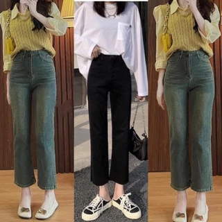 Quần bò jean ống đứng nữ co giãn 4 chiều loe suông rộng xuông jeans cạp cao Hottrend 2023