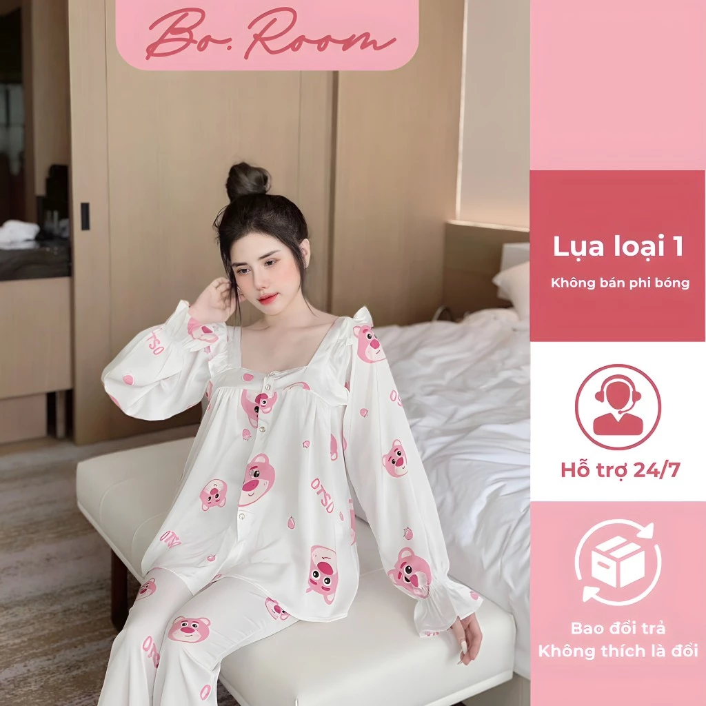 Đồ bộ nữ gấu dâu cổ vuông đồ ngủ nữ mặc nhà tay dài set pijama lụa mango tiểu thư xinh mát mềm mịn