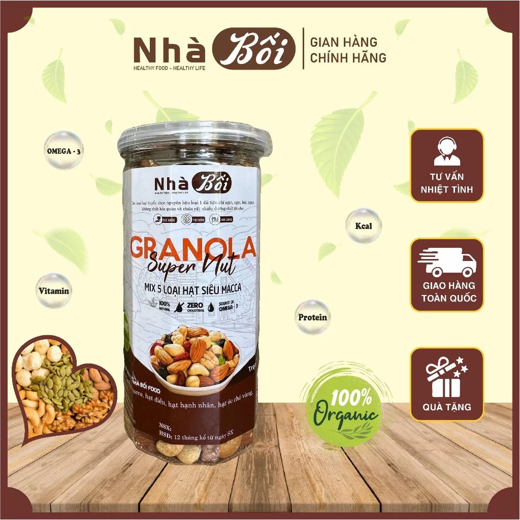 Granola ăn kiêng MIX 5 LOẠI HẠT NGUYÊN VỊ bổ sung dinh dưỡng, healthy 500g