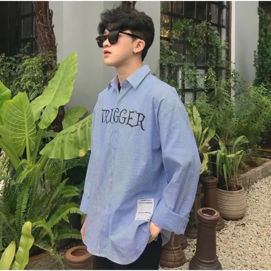 Áo Sơ Mi , Sơ Mi Kẻ Sọc Triger Vải Cotton Lụa Phong Cách Trẻ Nam Nữ Mặc Đẹp