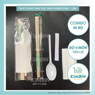 Set 50 bộ combo 4 món đũa, muỗng, tăm, khăn, tiện lợi, dùng một lần, dành cho các quán ăn - KIMBIN