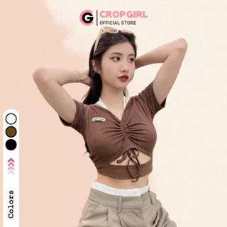 Áo croptop cổ yếm CROPGIRL màu nâu ngực phối dây rút tôn body chất vải thun gân mềm mại C13