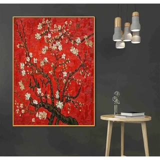 Tranh canvas treo tường hoa mai nền đỏ 60 x 90 cm