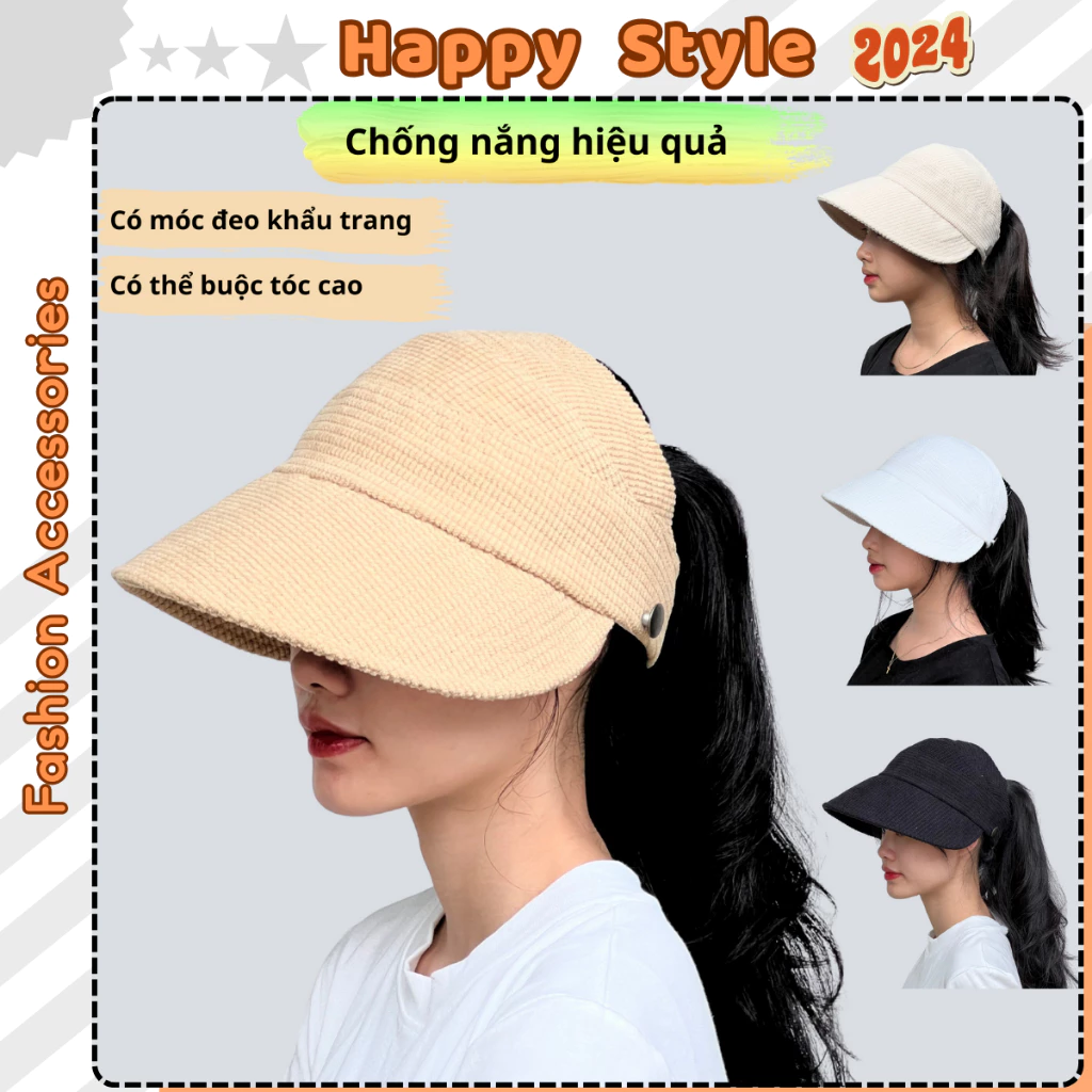 Nón chống nắng hở chóp chất vải nhung có móc đeo khẩu trang form unisex N140