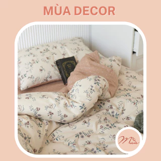 Bộ chăn ga và vỏ gối cotton living cao cấp Mùa Decor - Họa tiết hoa nâu vintage ga chấm bi