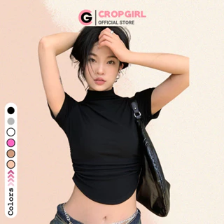 Áo croptop cổ lọ ngắn tay CROPGIRL nhún eo vạt bầu ôm body tôn dáng chất vải dày dặn nhiều màu C3T