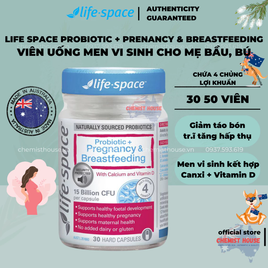 [Hàng Chuẩn Úc] Men vi sinh ngừa táo bón cho bà bầu Life Space Probiotic for Pregnancy & Breastfeeding