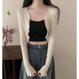 Áo khoác kiểu len gân dáng croptop phong cách nữ tính