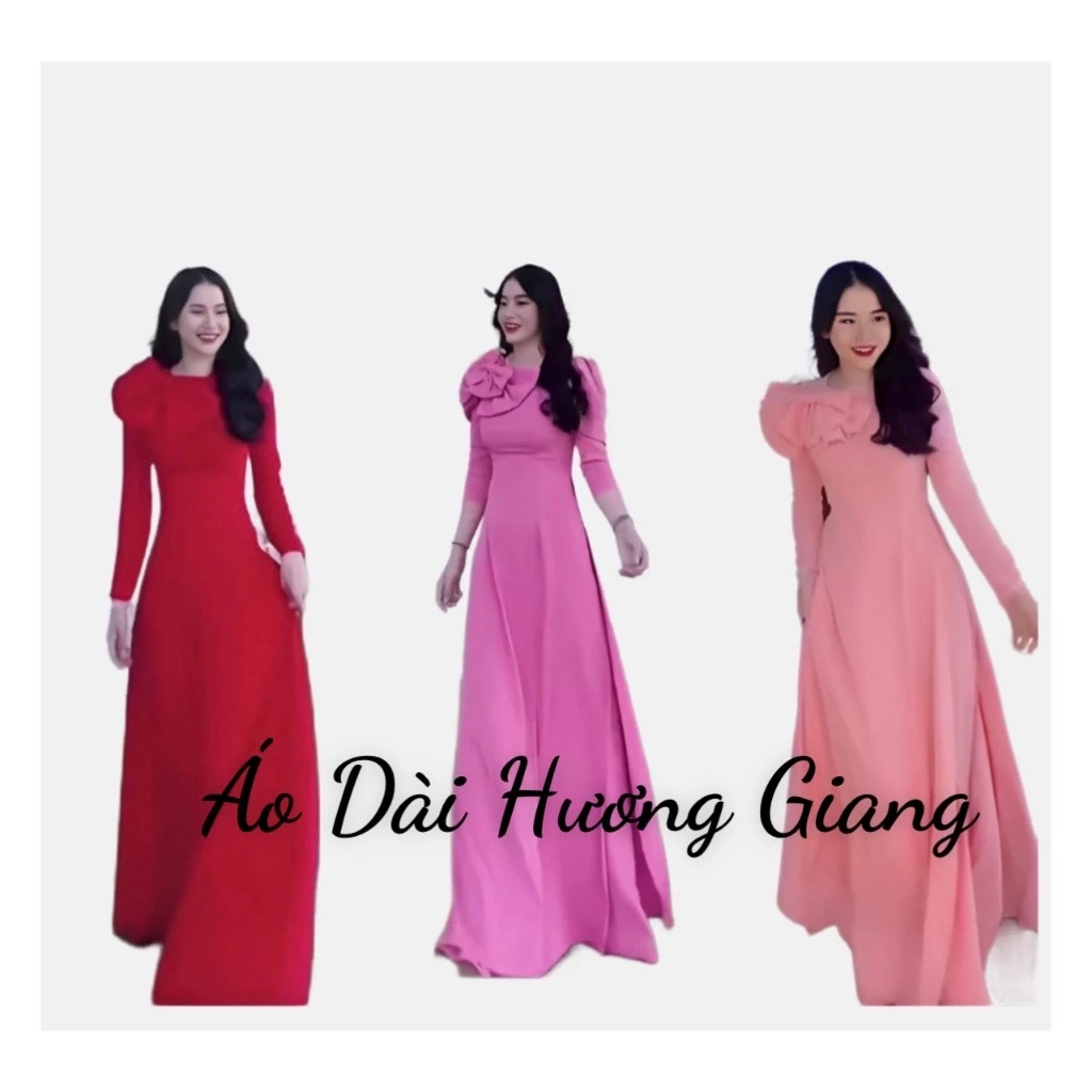 Áo dài lụa mềm mịn,co dãn, cổ tròn đính nơ trẻ trung - Áo Dài Hương Giang