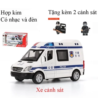 Đồ chơi xe cảnh sát có nhạc và đèn chạy cót mở được cửa hiệu Mercedes Benz tặng kèm 2 cảnh sát