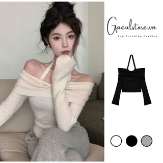 Gaeul store- áo len dệt kim trễ vai tay loe mix dây cổ yếm rúm giữa