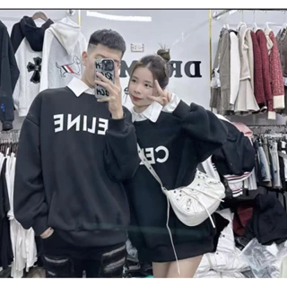 Áo NỈ Sweater Nam Nữ  Hoạ Tiết Logo In Phối Cổ Sơ Mi  Chất Liệu Nỉ Bông Dày Dặn Form Dáng Rộng Unisex Hottrend 2024