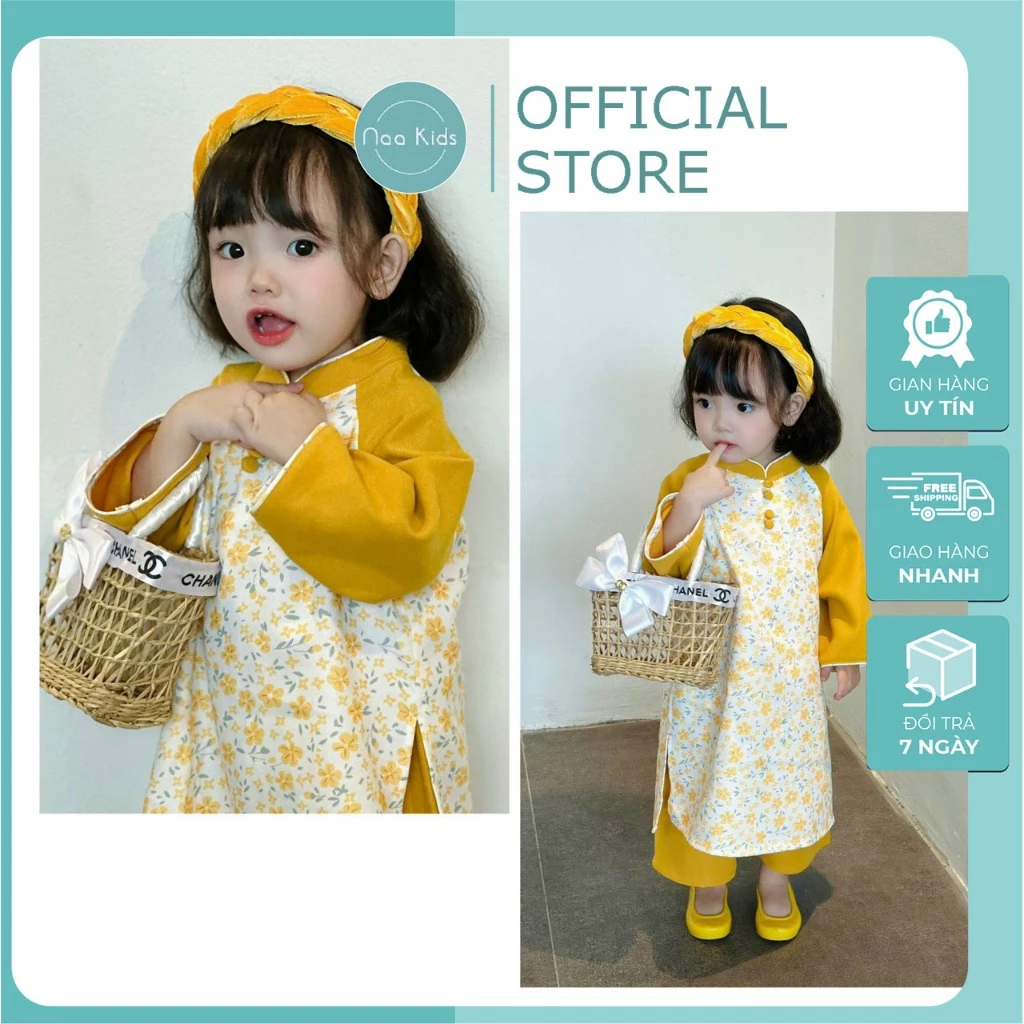 Áo dài tết cho bé ,áo dài thiết kế Hoa Mai cho bé gái chất liệu nhung text mềm mại ,size 8 đến 25kg