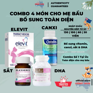 Combo Vitamin Cho Mẹ Bầu Chuẩn Úc - Elevit bầu tổng hợp 100V + DHA bầu 60V + Canxi Ostelin 130V + Sắt 30V