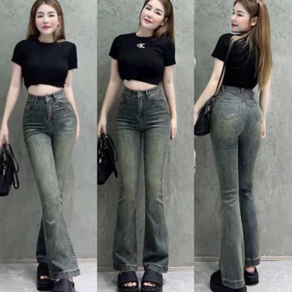 Quần jeans ống loe bản gấu to mài đùi lưng cao co dãn kiểu dáng Hàn Quốc