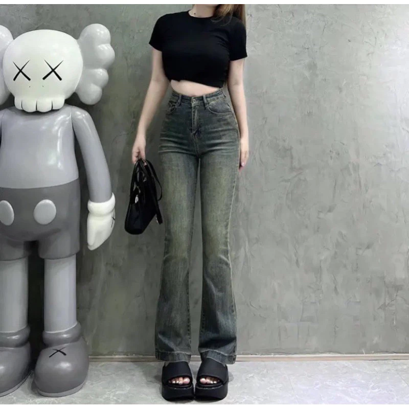 Quần jeans ống loe gấu to lưng cao co dãn màu sắc mới lạ kiểu dáng Hàn Quốc